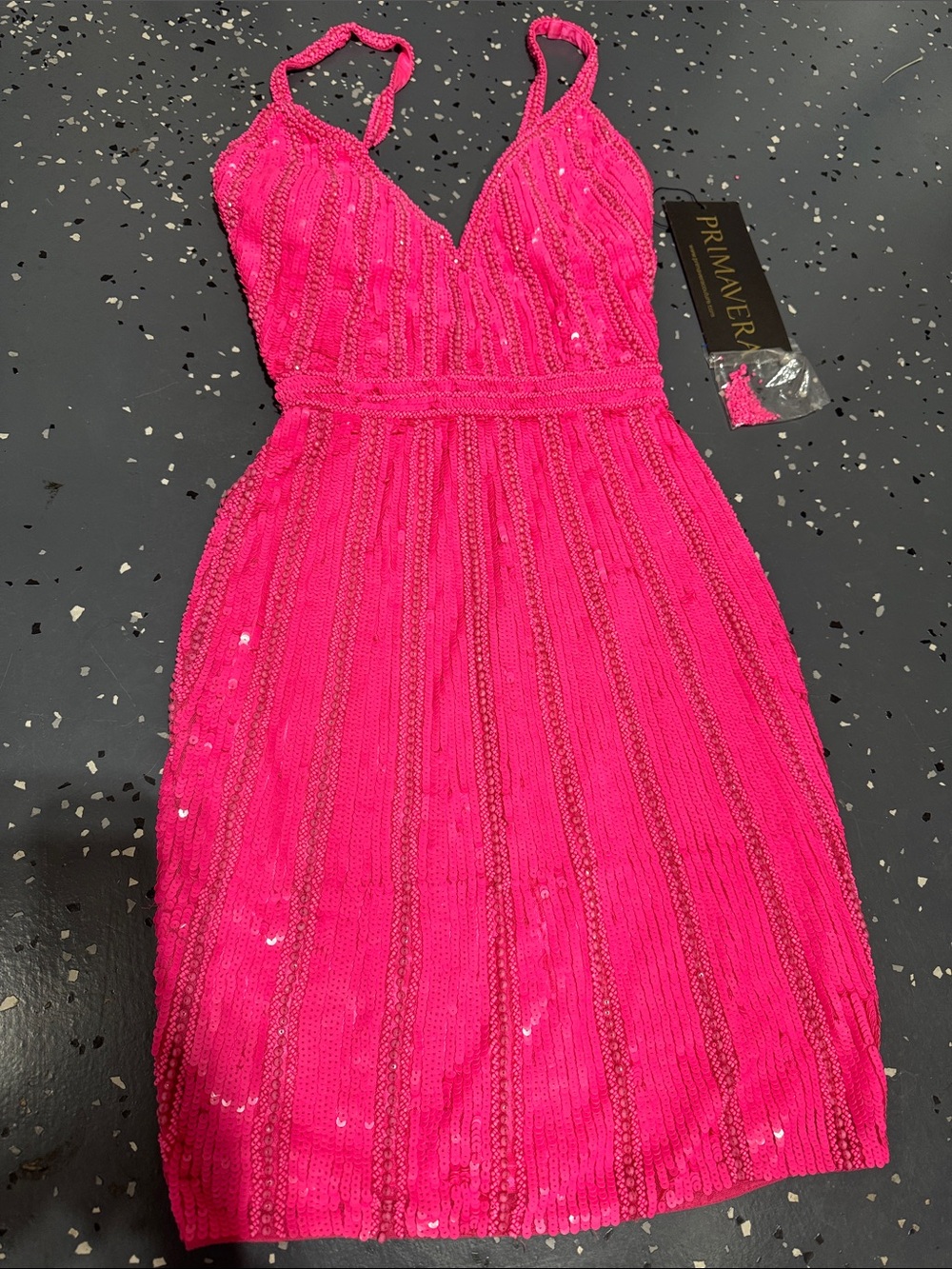Primavera Hot Pink Sequin Spaghetti Strap Dress